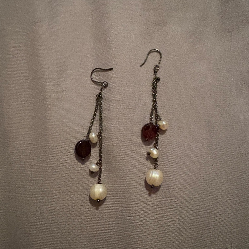Cream and Red Dangle Earrings with Pearl Accents